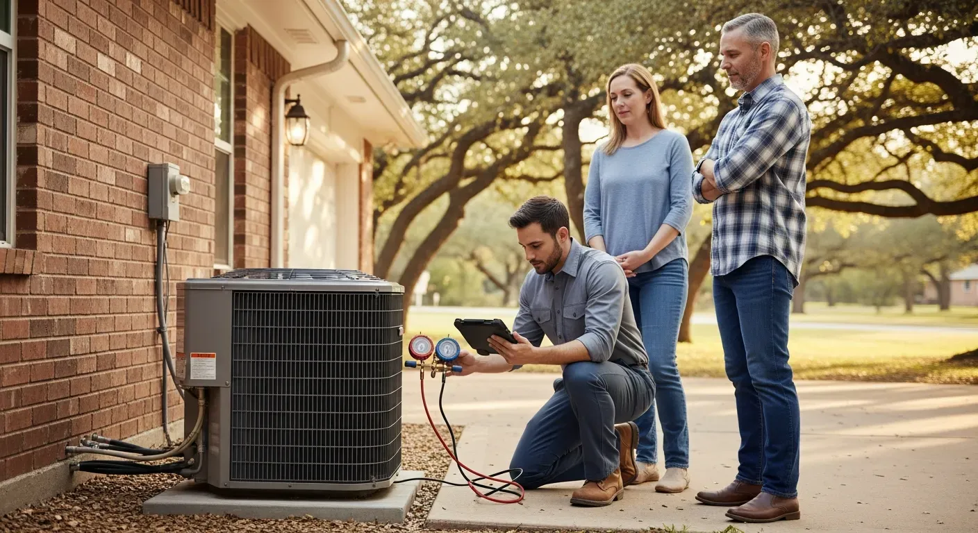 HVAC technician diagnosing an air conditioning unit beside a Texas home