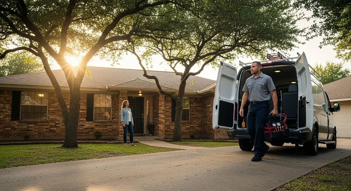 HVAC technician arriving at a Texas home for emergency AC repair