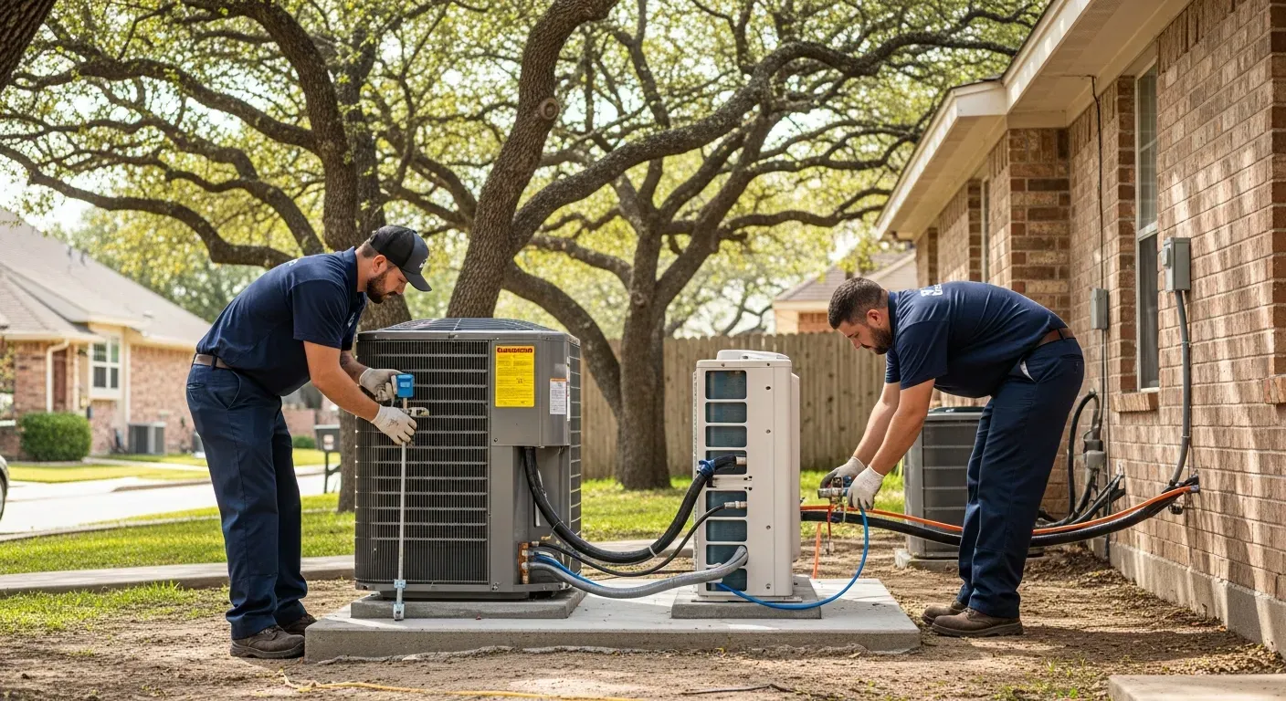 Two technicians installing a new HVAC system beside a suburban Texas home
