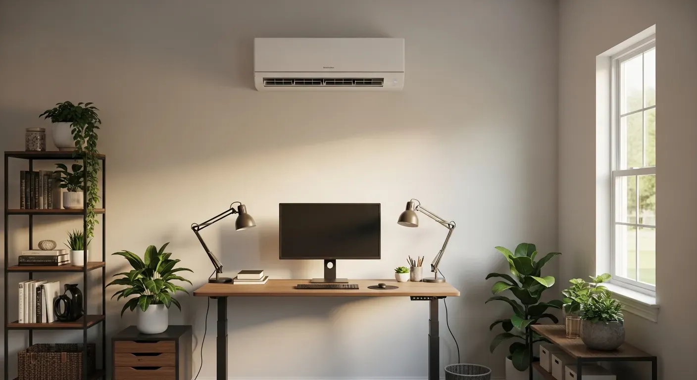 Sleek mini-split air handler mounted in a converted garage home office in Texas