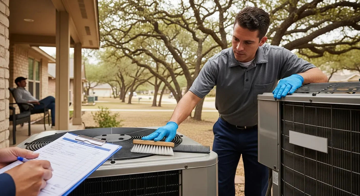 HVAC technician performing a preventive maintenance tune-up on a residential AC unit