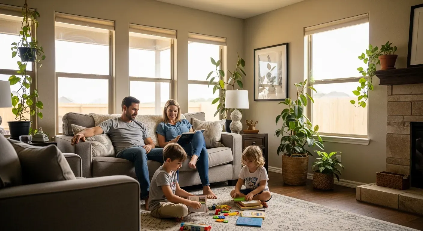 Comfortable Texas family relaxing in a cool dry living room with whole-home humidity control